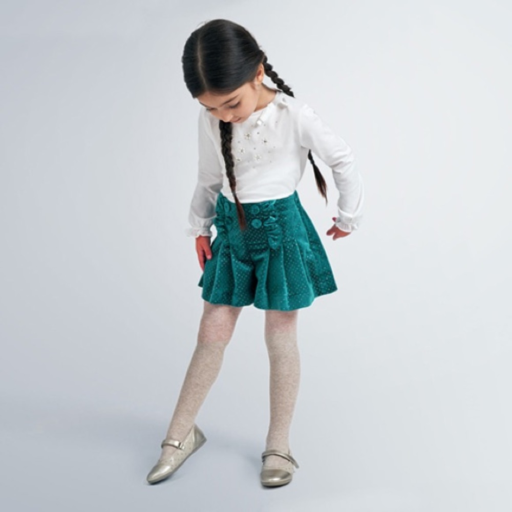 Size 3 Girls Mayoral White Long-Sleeve Top with Teal Velvet Skirt
